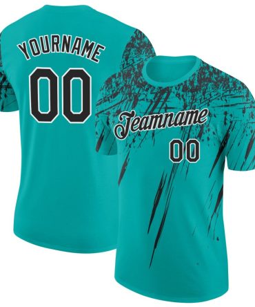 Custom Aqua Black-White Distressed Scratch Brush Stroke Performance T-Shirt, For Football, Baseball, Hockey, Basketball, Softball & Rugby Fans