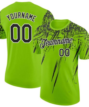 Custom Neon Green Black-White Distressed Scratch Brush Stroke Performance T-Shirt, For Football, Baseball, Hockey, Basketball, Softball & Rugby Fans
