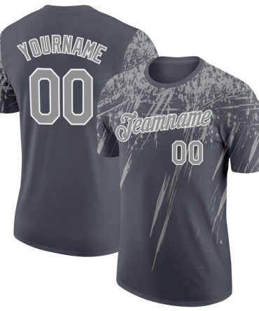 Custom Steel Gray Gray-White Distressed Scratch Brush Stroke Performance T-Shirt, For Football, Baseball, Hockey, Basketball, Softball & Rugby Fans