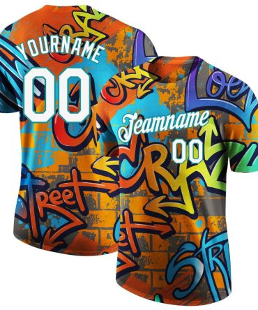Custom Graffiti Pattern White-Teal Vibrant Multicolorstreet Style Performance T-Shirt, For Football, Baseball, Hockey, Basketball, Softball & Rugby Fans