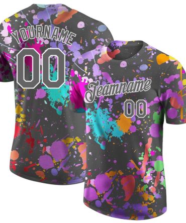 Custom Graffiti Pattern Steel Gray-White Vibrant Multicolor Paint Splatter Performance T-Shirt, For Football, Baseball, Hockey, Basketball, Softball & Rugby Fans