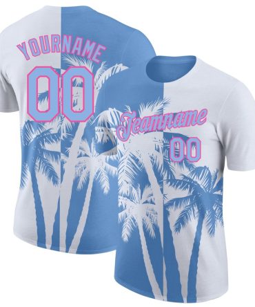 Custom White Light Blue-Pink Hawaii Tropical Coastal Palm Trees Performance T-Shirt, For Football, Baseball, Hockey, Basketball, Softball & Rugby Fans