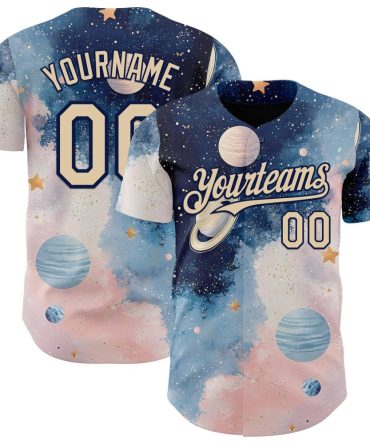 Custom Blue City Cream Light Pink-Navy Galaxy Star Nebula Baseball Jersey, Gift For Baseball Fans