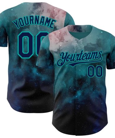 Custom Green Navy-Aqua Galaxy Star Nebula Baseball Jersey, Gift For Baseball Fans