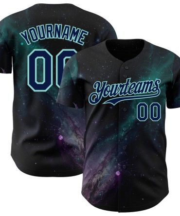 Custom Black Navy-Ice Blue Galaxy Star Nebula Baseball Jersey, Gift For Baseball Fans