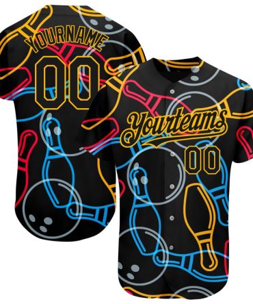 Custom Black Gold 3D Pattern Design Bowling Baseball Jersey, Gift For Baseball Fans