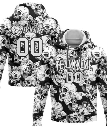 Custom Black White 3D Skull Fashion Flower Sports Pullover Sweatshirt Hoodie, Gift For Football, Baseball, Hockey, Basketball, Softball & Rugby Fans