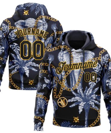 Custom Navy Black-Gold 3D Pattern Design Elephant And Tropical Palm Tree Sports Pullover Sweatshirt Hoodie, Gift For Football, Baseball, Hockey, Basketball, Softball & Rugby Fans