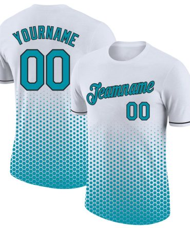 Custom White Teal-Black Geometric Hexagonal Dot Gradient Performance T-Shirt, For Football, Baseball, Hockey, Basketball, Softball & Rugby Fans