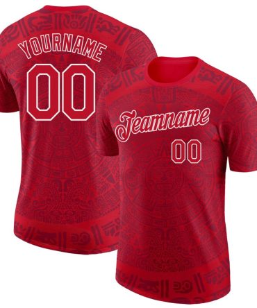 Custom Red-White Tribal Ethnic Aztec Sun Stone 3D Pattern Performance T-Shirt, For Football, Baseball, Hockey, Basketball, Softball & Rugby Fans