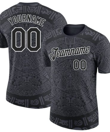 Custom Black-White Tribal Ethnic Aztec Sun Stone 3D Pattern Performance T-Shirt, For Football, Baseball, Hockey, Basketball, Softball & Rugby Fans