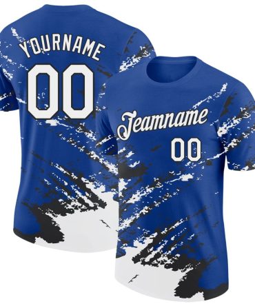 Custom Royal White-Black Brush Stroke Shatter Splatter Performance T-Shirt, For Football, Baseball, Hockey, Basketball, Softball & Rugby Fans