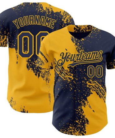 Custom Navy-Gold Abstract Brush Stroke Baseball Jersey, Gift For Baseball Fans