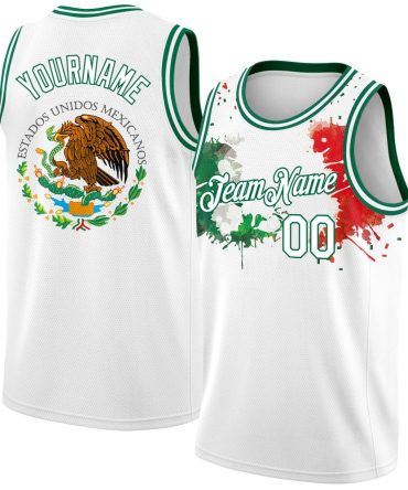 Custom White Kelly Green-Red 3D Mexican Flag Splashes Basketball Jersey, Gift For Basketball Fans