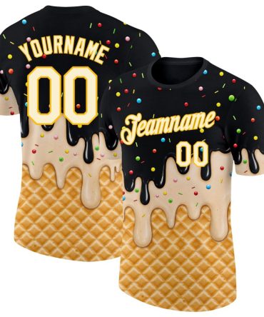 Custom Black Cream-Gold Ice Cream Waffle Foodie Dessert Performance T-Shirt, For Football, Baseball, Hockey, Basketball, Softball & Rugby Fans