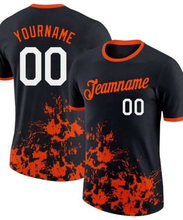 Custom Black White-Orange Brush Stroke Splatter Performance T-Shirt, For Football, Baseball, Hockey, Basketball, Softball & Rugby Fans