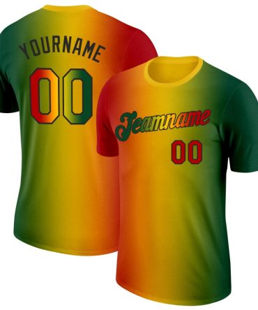 Custom Green Red Yellow-Black 3D Pattern Design Gradient Fashion Black History Month Performance T-Shirt, For Football, Baseball, Hockey, Basketball, Softball & Rugby Fans