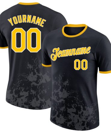 Custom Black Yellow Steel Gray-White Brush Stroke Splatter Performance T-Shirt, For Football, Baseball, Hockey, Basketball, Softball & Rugby Fans