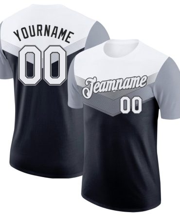 Custom White Black-Gray Geometric V-Lines Color Block Performance T-Shirt, For Football, Baseball, Hockey, Basketball, Softball & Rugby Fans