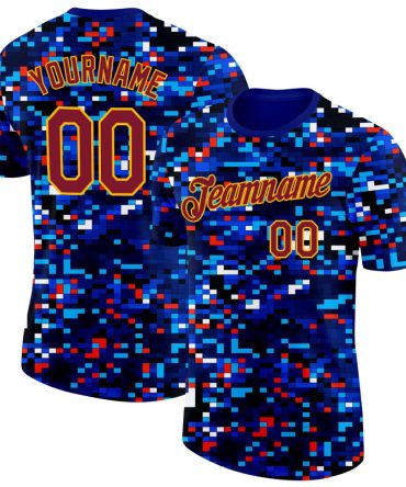 Custom Blue Crimson-Gold Geometric Digital Mosaic Performance T-Shirt, For Football, Baseball, Hockey, Basketball, Softball & Rugby Fans