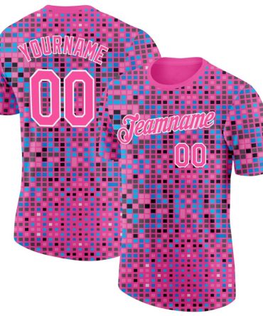 Custom Pink Blue-White Geometric Digital Mosaic Performance T-Shirt, For Football, Baseball, Hockey, Basketball, Softball & Rugby Fans