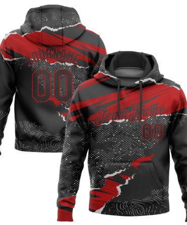 Custom Black Red 3D Pattern Design Torn Paper Style Sports Pullover Sweatshirt Hoodie, Gift For Football, Baseball, Hockey, Basketball, Softball & Rugby Fans