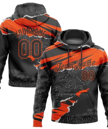 Custom Black Orange 3D Pattern Design Torn Paper Style Sports Pullover Sweatshirt Hoodie, Gift For Football, Baseball, Hockey, Basketball, Softball & Rugby Fans
