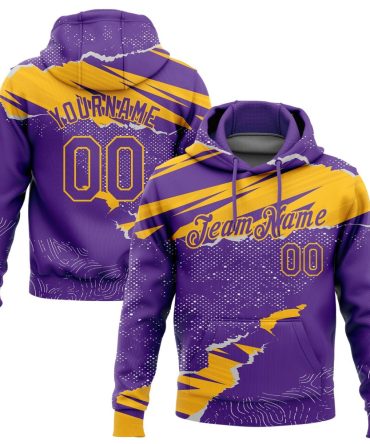 Custom Purple Gold 3D Pattern Design Torn Paper Style Sports Pullover Sweatshirt Hoodie, Gift For Football, Baseball, Hockey, Basketball, Softball & Rugby Fans
