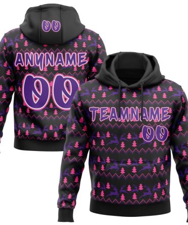 Custom Black Purple Pink-White Christmas Tree Fair Isle Reindeer Pullover Sweatshirt Hoodie, Gift For Football, Baseball, Hockey, Basketball, Softball & Rugby Fans