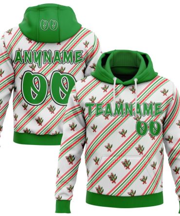 Custom  White Grass Green Red-Black Christmas Diagonal Stripe Holly Berries Pullover Sweatshirt Hoodie, Gift For Football, Baseball, Hockey, Basketball, Softball & Rugby Fans