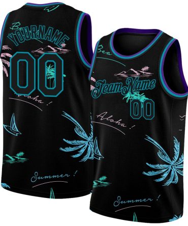Custom Black Teal 3D Pattern Tropical Hawaii Palm Trees Basketball Jersey, Gift For Basketball Fans