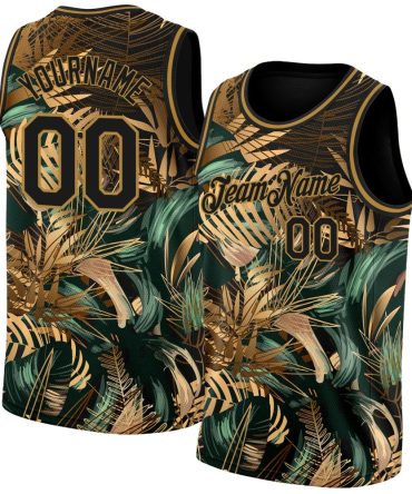 Custom Black Old Gold 3D Pattern Tropical Hawaii Palm Leaves Basketball Jersey, Gift For Basketball Fans