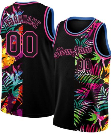 Custom Black Pink-Light Blue 3D Patterntropical Hawaii Palm Leaves Basketball Jersey, Gift For Basketball Fans