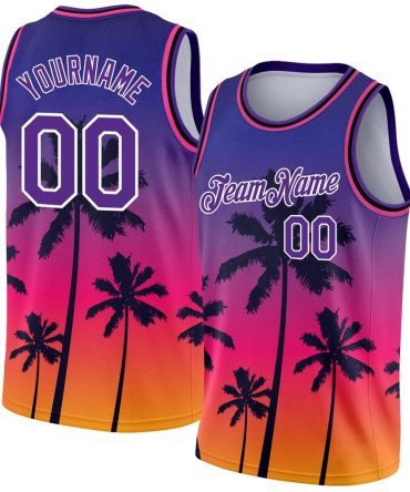 Custom Purple White 3D Pattern Tropical Hawaii Trees Basketball Jersey, Gift For Basketball Fans