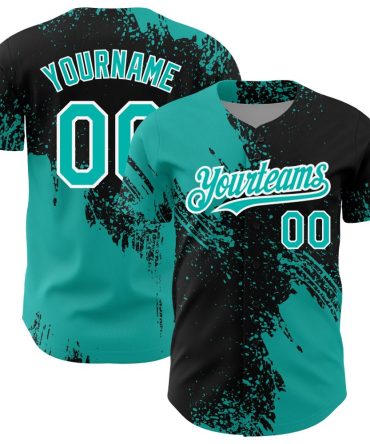 Custom Black Aqua-White 3D Pattern Design Abstract Brush Stroke Baseball Jersey, Gift For Baseball Fans