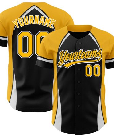 Custom Black Gold-White 3D Pattern Design Curve Solid Baseball Jersey, Gift For Baseball Fans