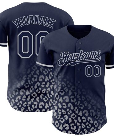 Custom Navy Gray 3D Pattern Design Leopard Print Fade Fashion Baseball Jersey, Gift For Baseball Fans