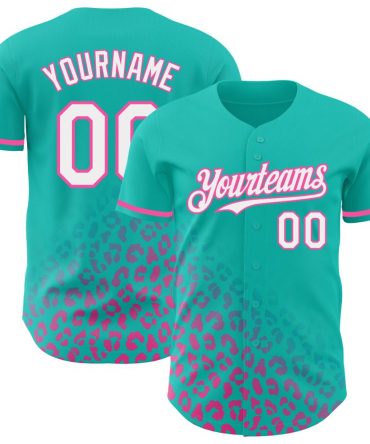 Custom Teal White-Pink 3D Pattern Design Leopard Print Fade Fashion Baseball Jersey, Gift For Baseball Fans