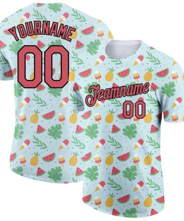 Custom Green Medium Pink-Black 3D Pattern Design Summer Holiday Fruit And Ice Cream Performance T-Shirt, For Football, Baseball, Hockey, Basketball, Softball & Rugby Fans