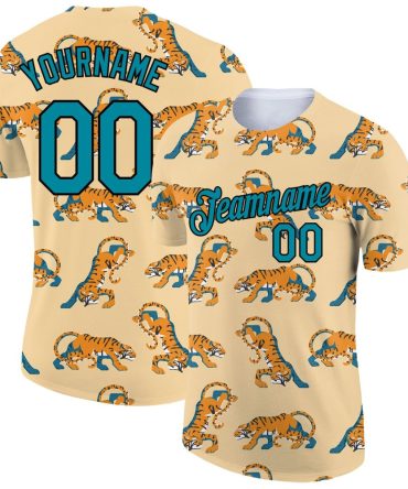 Custom City Cream Teal-Black 3D Pattern Design Tiger Performance T-Shirt, For Football, Baseball, Hockey, Basketball, Softball & Rugby Fans