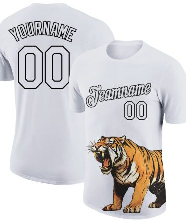 Custom White Black 3D Pattern Design Tiger Performance T-Shirt, For Football, Baseball, Hockey, Basketball, Softball & Rugby Fans