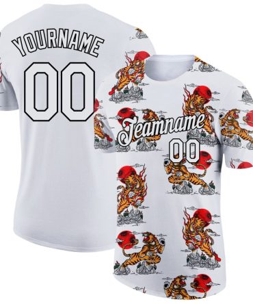 Custom White Black 3D Pattern Design Tiger Performance T-Shirt, For Football, Baseball, Hockey, Basketball, Softball & Rugby Fans