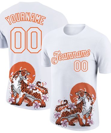 Custom White Orange 3D Pattern Design Tiger Performance T-Shirt, For Football, Baseball, Hockey, Basketball, Softball & Rugby Fans