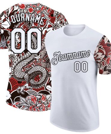 Custom White Black 3D Pattern Floral Design Performance T-Shirt, For Football, Baseball, Hockey, Basketball, Softball & Rugby Fans