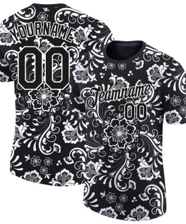Custom Black White 3D Pattern Floral Design Performance T-Shirt, For Football, Baseball, Hockey, Basketball, Softball & Rugby Fans