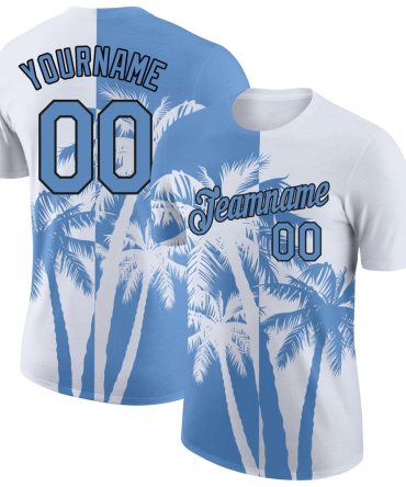 Custom White Light Blue-Black 3D Pattern Design Hawaii Coconut Trees Performance T-Shirt, For Football, Baseball, Hockey, Basketball, Softball & Rugby Fans