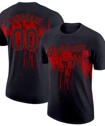 Custom Black Red 3D Pattern Design Dripping Splatter Art Performance T-Shirt, For Football, Baseball, Hockey, Basketball, Softball & Rugby Fans