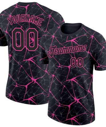 Custom Black Pink 3D Pattern Design Abstract Network Performance T-Shirt, For Football, Baseball, Hockey, Basketball, Softball & Rugby Fans