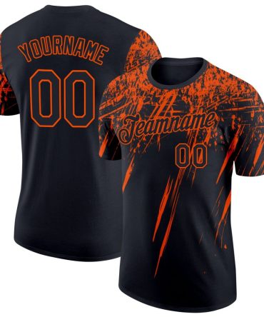 Custom Black Orange 3D Pattern Design Abstract Sharp Shape Performance T-Shirt, For Football, Baseball, Hockey, Basketball, Softball & Rugby Fans