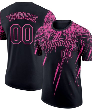 Custom Black Pink 3D Pattern Design Abstract Sharp Shape Performance T-Shirt, For Football, Baseball, Hockey, Basketball, Softball & Rugby Fans